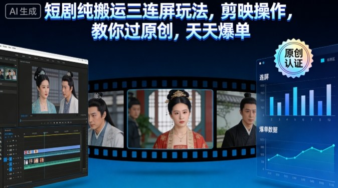 短剧纯搬运三连屏玩法，剪映操作，教你过原创，天天爆单