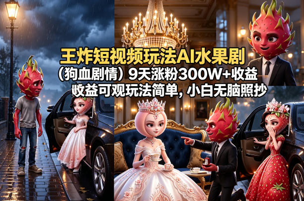 王炸短视频玩法AI水果剧（狗血剧情）9天涨粉300W+收益可观玩法简单，小白无脑照抄，详细拆解玩法-智云网