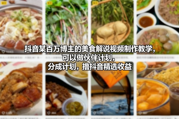 抖音某百万博主的美食解说视频制作教学，可以做伙伴计划，分成计划，撸抖音精选收益（更新）