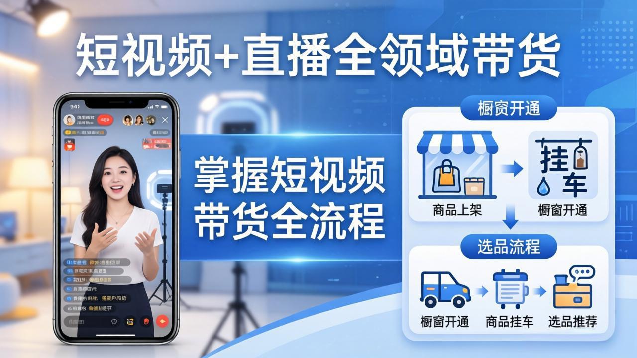 短视频+直播全领域带货-更新：掌握橱窗开通、挂车、选品、爆款文案改编等短视频带货全流程-智云网