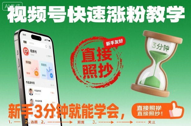 视频号快速涨粉教学，新手3分钟就能学会，直接照抄！