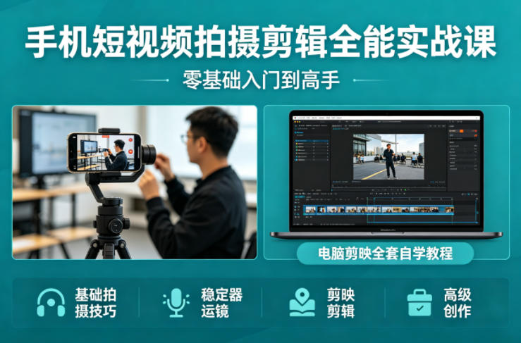 手机短视频拍摄剪辑全能实战课：零基础入门到高手，稳定器运镜+电脑剪映全套自学教程-智云网