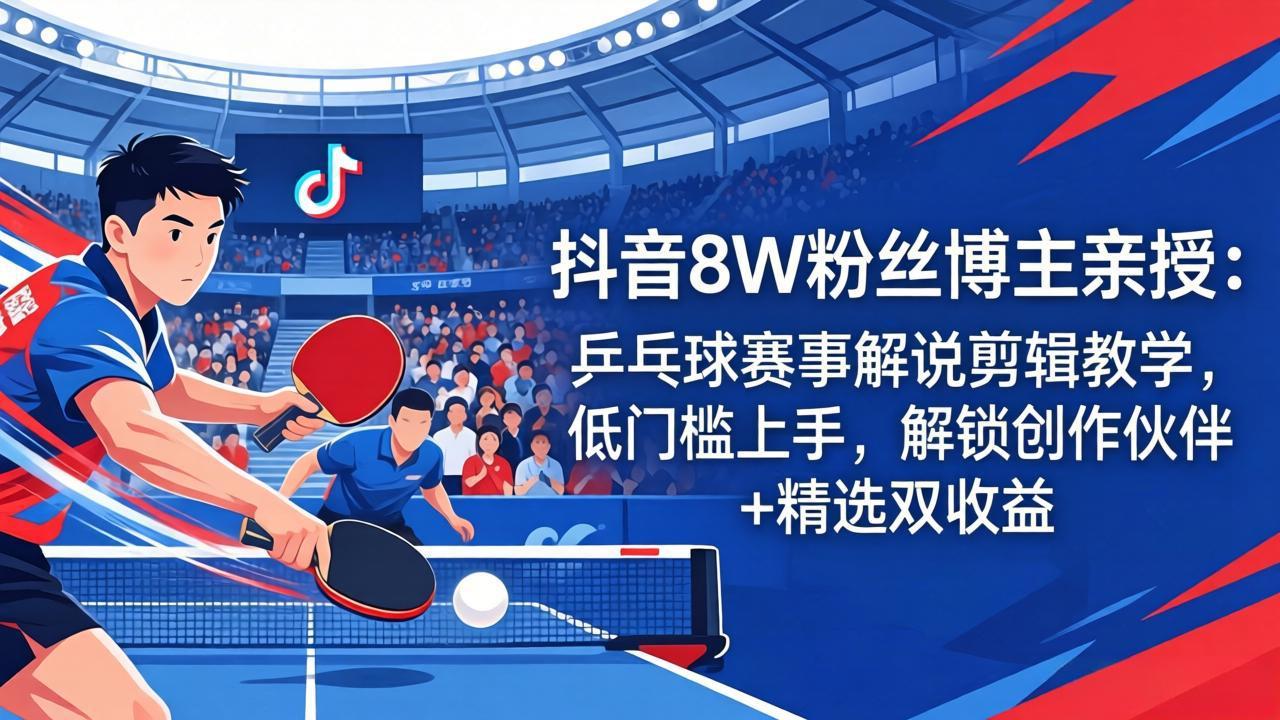 抖音8W粉丝博主亲授：乒乓球赛事解说剪辑教学，低门槛上手，解锁创作伙伴+精选双收益-智云网