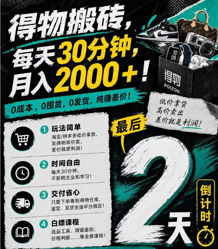 得物搬砖，0成本起步每天30分钟，月入2000+，0成本，0囤货，0发货，纯賺差价-智云网
