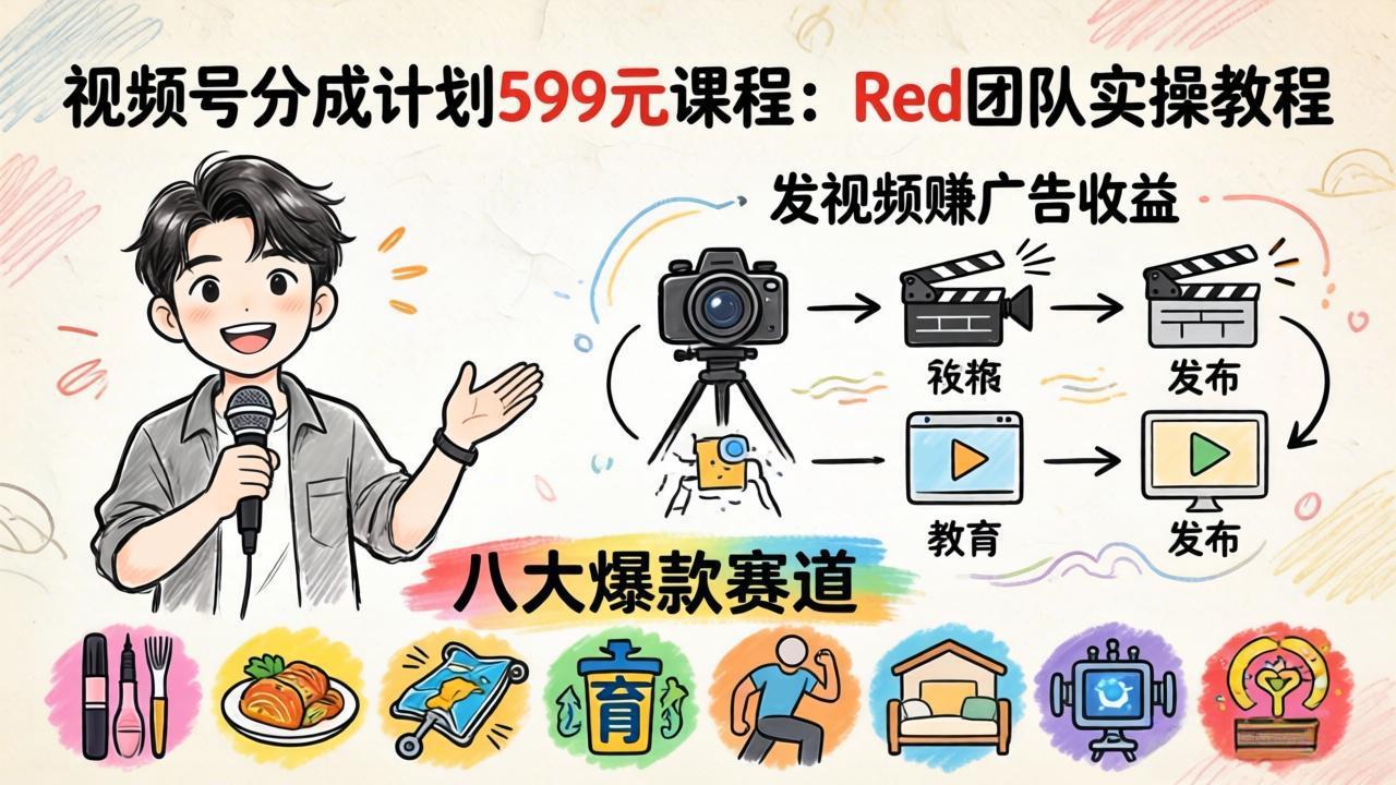 视频号分成计划599元课程：Red团队实操教程，发视频赚广告收益，八大爆款赛道全掌握-智云网